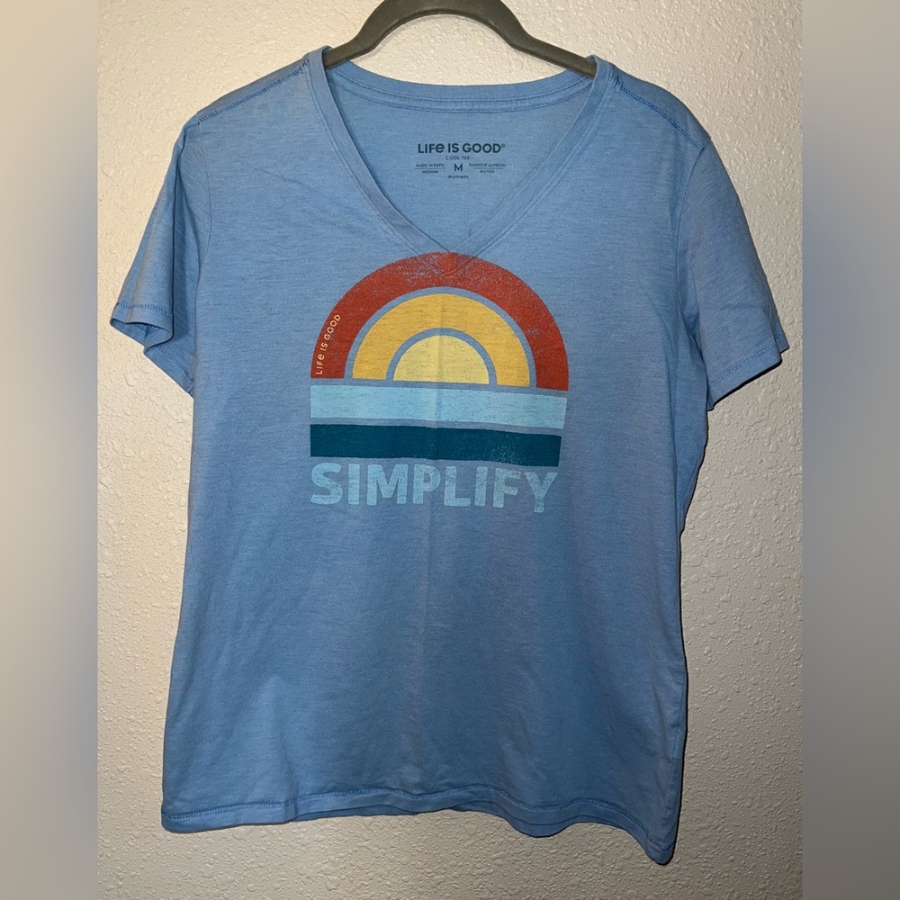 Life Is Good Blue CoolTee with Simplify and Rainbow Graphic